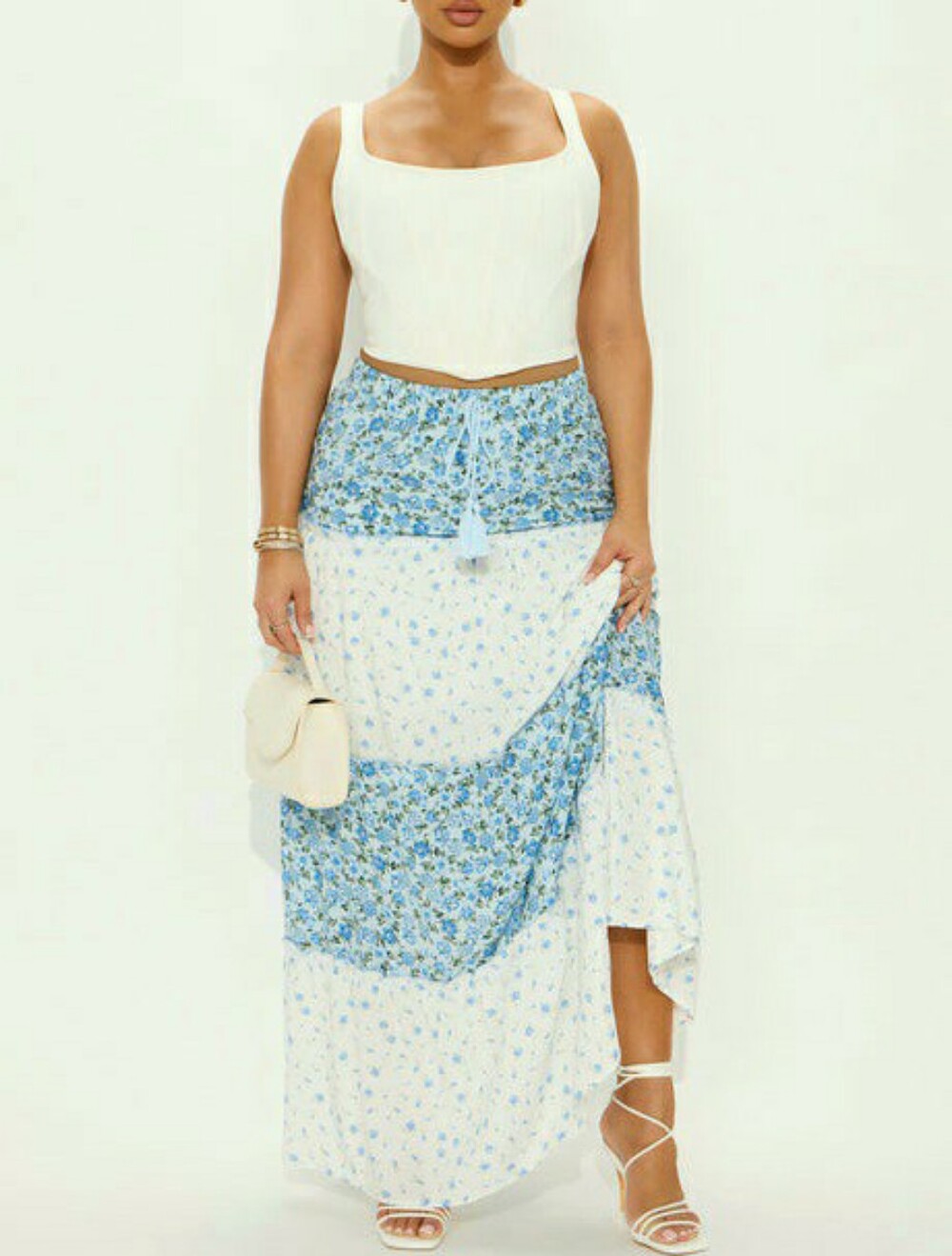 Bohemian Prarie Floral Tiered Maxi Skirt Large Blue